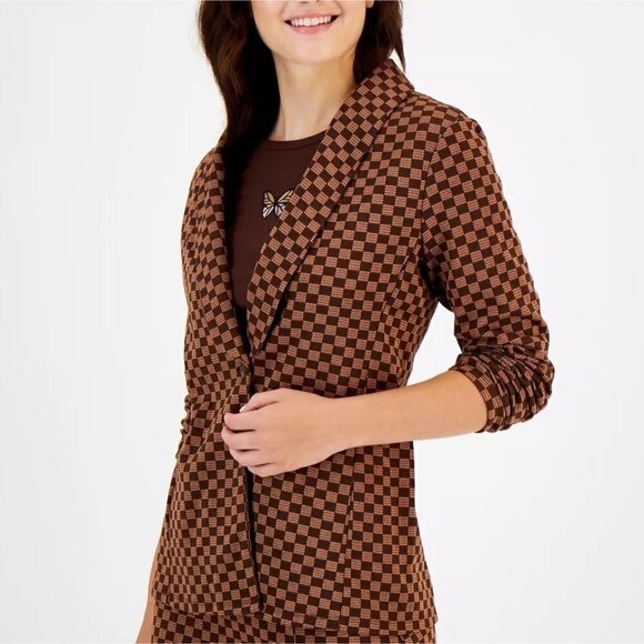 NWT Hippie Rose Jacket M/L Brown Checkerboard Stretch Knit Blazer - Picture 2 of 14